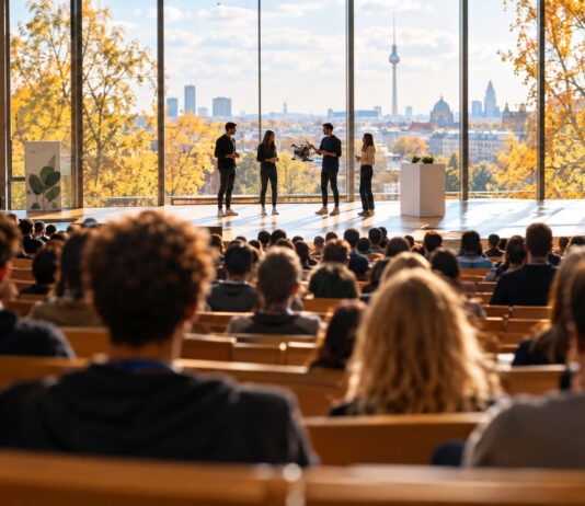 Voll besetzter Hörsaal im Herbstlicht, auf der Bühne stellen vier Gründer einen Prototyp vor, das Publikum ist von hinten zu sehen