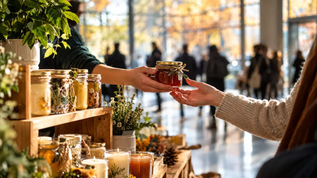 Am Verkaufsstand junger Gründer reicht eine Hand ein Glas über den Tisch, im Hintergrund unscharf Besucher in einem hellen Foyer