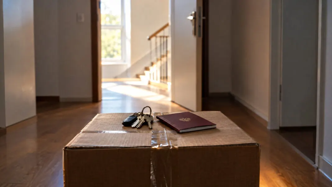 Schlüsselbund und Reisepass auf einem zugeklebten Umzugskarton im leeren Hausflur vor offener Wohnungstür