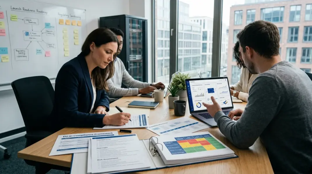 Schreibtisch mit Compliance-Unterlagen für EU AI Act Startups und KI-Governance