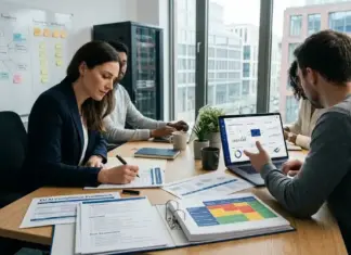 Schreibtisch mit Compliance-Unterlagen für EU AI Act Startups und KI-Governance