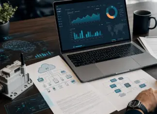 Startup-Team mit IoT-Gerät, Verträgen und Dashboard zum EU Data Act