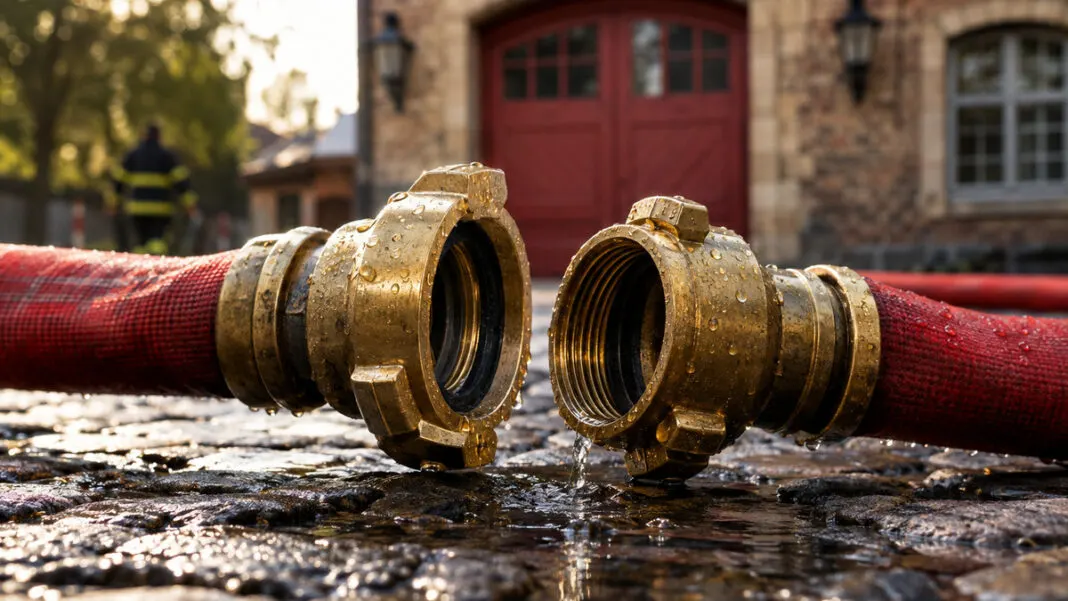 Geöffnete Messingkupplung zweier Schläuche auf nassem Pflaster, Wasser tropft
