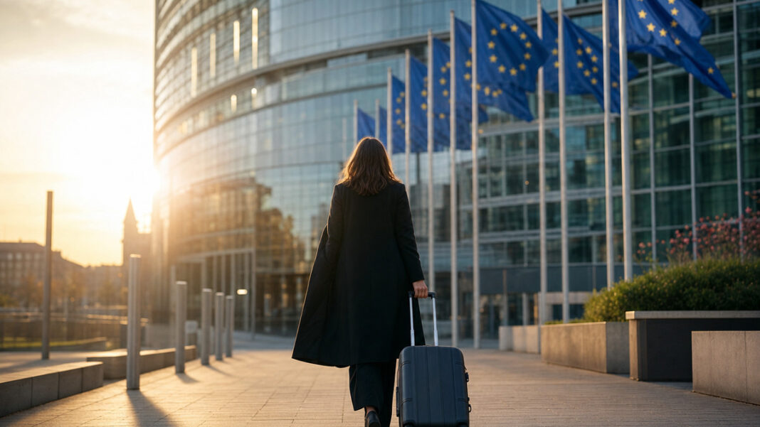 Gründerin mit Rollkoffer vor einem EU-Gebäude mit Europafahnen in Brüssel Gründerin mit Rollkoffer vor einem EU-Gebäude mit Europafahnen in Brüssel