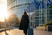 Gründerin mit Rollkoffer vor einem EU-Gebäude mit Europafahnen in Brüssel