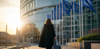 Gründerin mit Rollkoffer vor einem EU-Gebäude mit Europafahnen in Brüssel