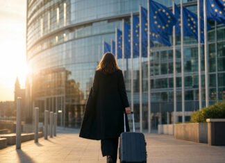 Gründerin mit Rollkoffer vor einem EU-Gebäude mit Europafahnen in Brüssel