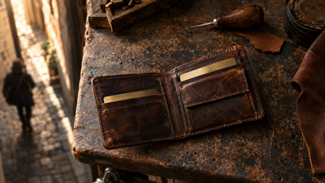 EUDI Wallet für Startups 2026: Welche Use Cases du jetzt testen solltest Eine abgegriffene Lederbrieftasche liegt geöffnet auf einer gescheuerten Werkbank, in zwei ihrer Fächer stecken schmale blanke Messingplättchen, warmes Seitenlicht von links