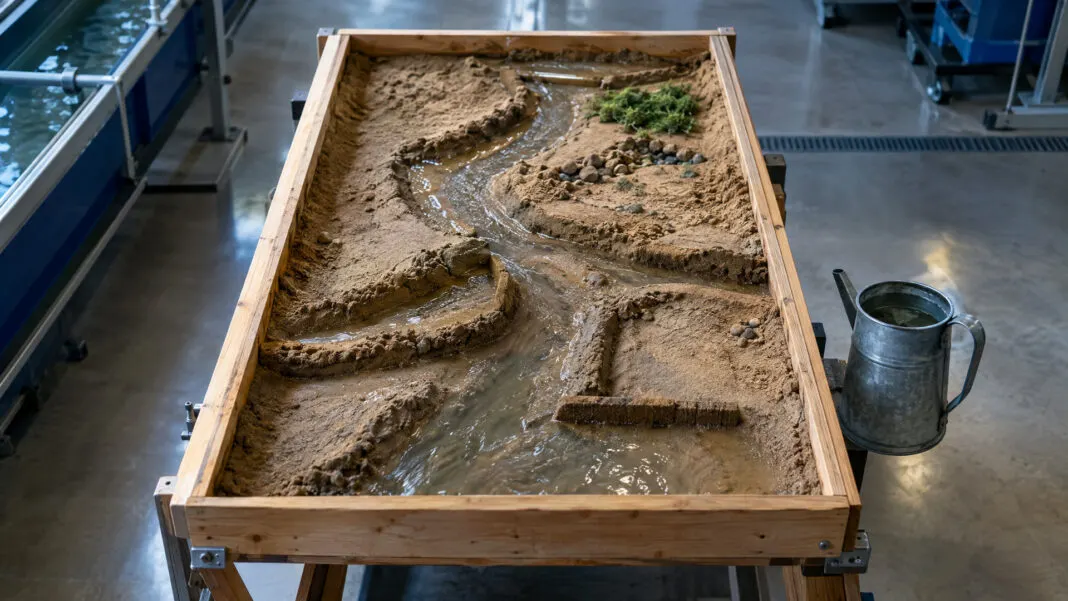 Modellversuch im Sandkasten mit feucht geformten Kanälen und einem Zinkkrug Wasser daneben