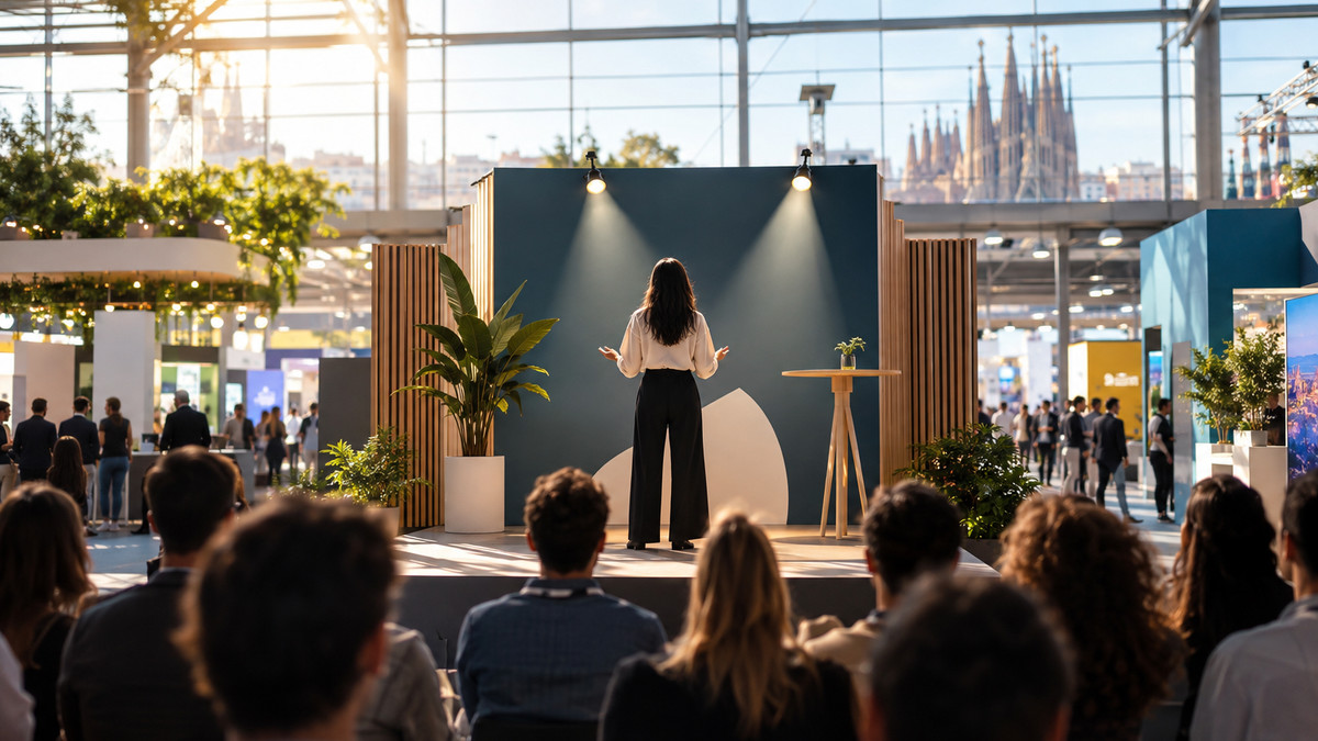 4YFN 2027: Startup-Ausstellungsfläche in einer modernen Messehalle in Barcelona
