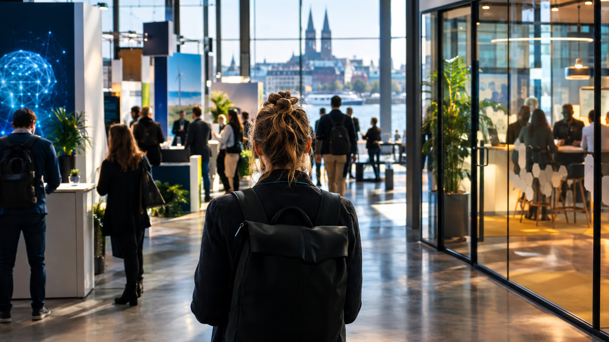 Convention der Gründungswoche Bremen 2026: Moderner Technologie-Hub in Bremen mit Messeständen und einem verglasten Workshop-Raum