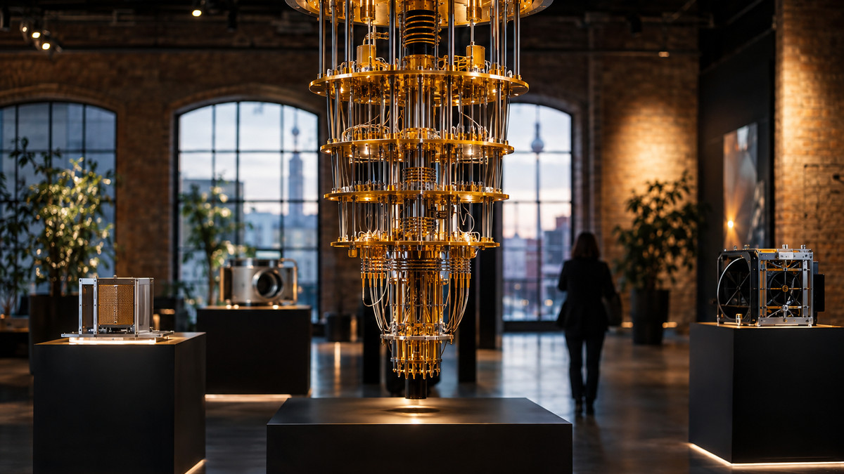 Deep Tech Momentum 2027: Ausstellungsfläche in einem Berliner Studio-Loft mit Hardware-Prototypen auf Sockeln