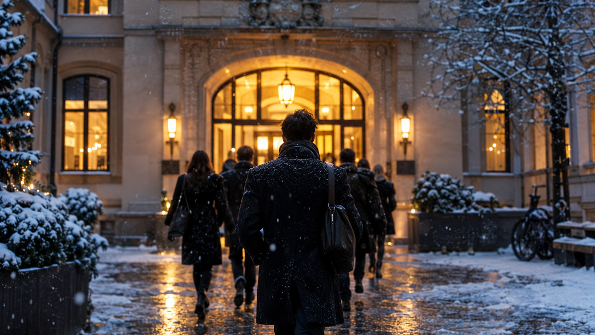 DLD Munich 2027: Winterlicher Innenhof eines Münchner Altbaus am Abend