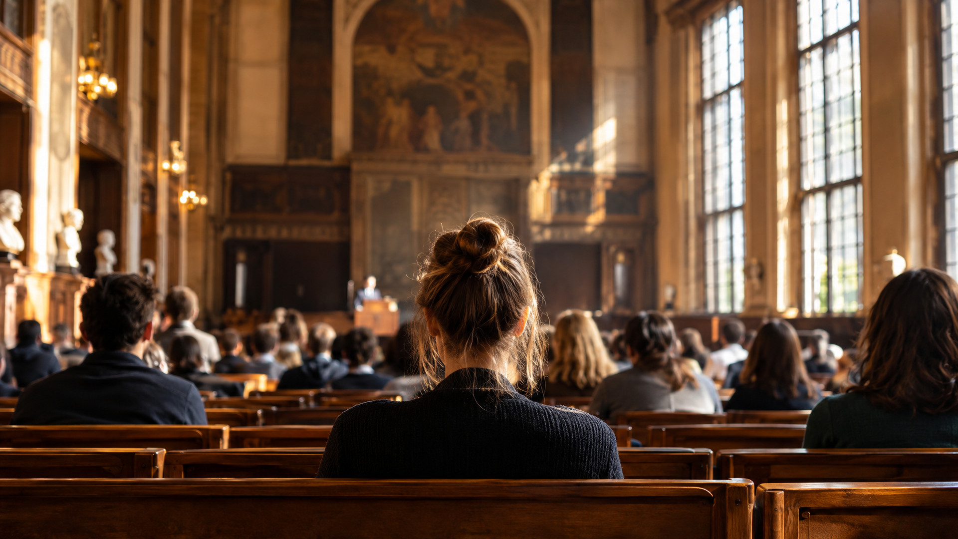 Entrepreneurship Summit 2027: Historischer Universitaetshoersaal in Berlin mit hoelzernen Sitzreihen und hohen Fenstern