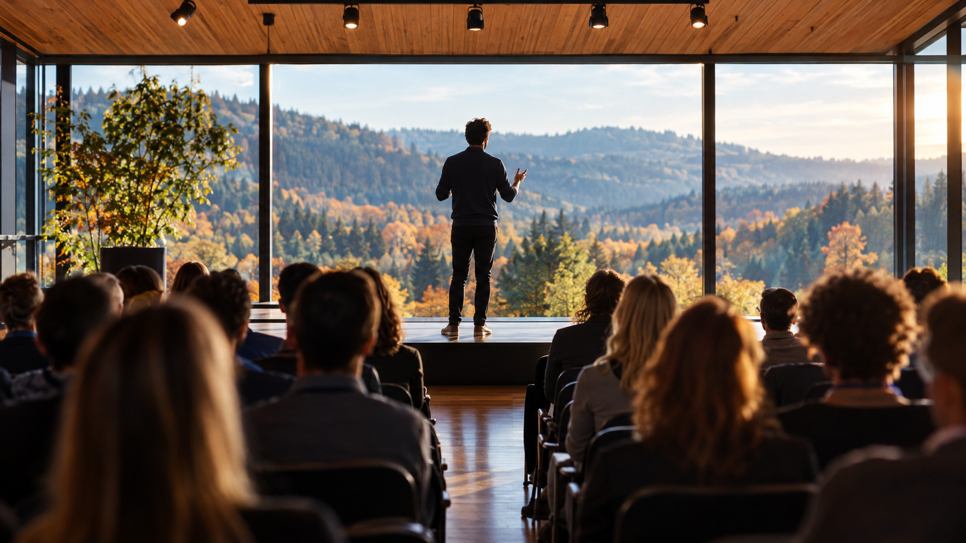 Entrepreneurship-Tage Freiburg 2026: Redner auf einer Bühne vor einer Fensterfront mit Blick auf herbstliche Schwarzwaldhügel, Publikum von hinten