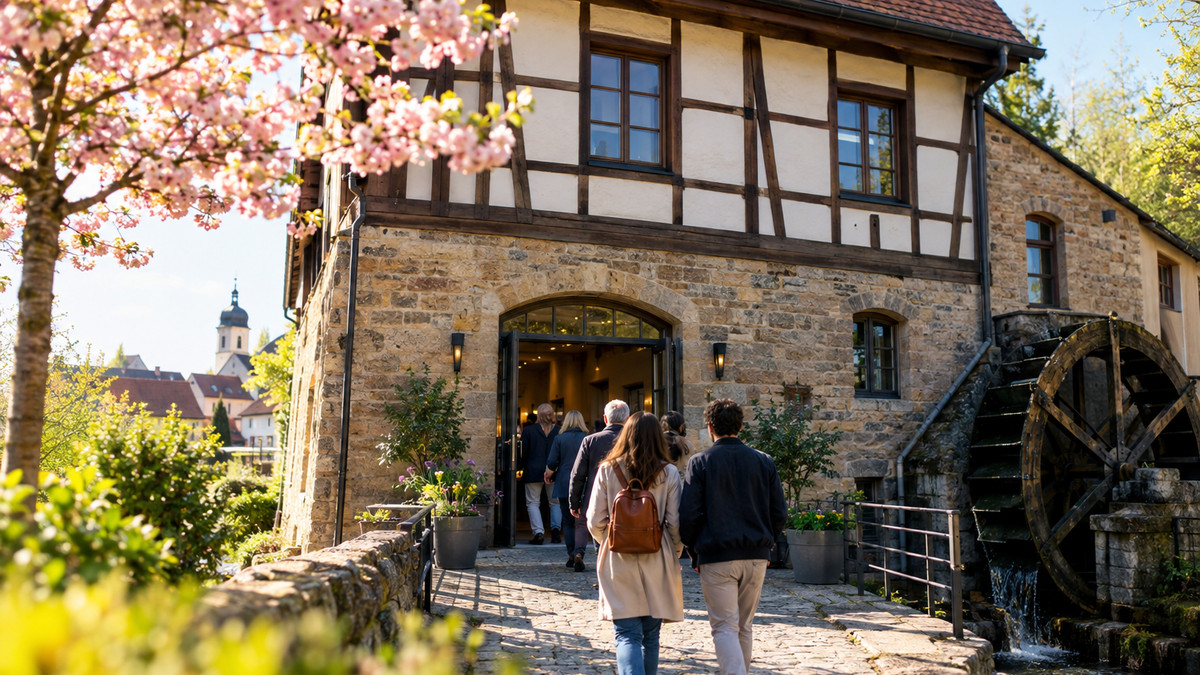 Existenzgründertag Göppingen 2027: Historische umgebaute Mühle als Kulturhaus in einer schwäbischen Kleinstadt im Frühling
