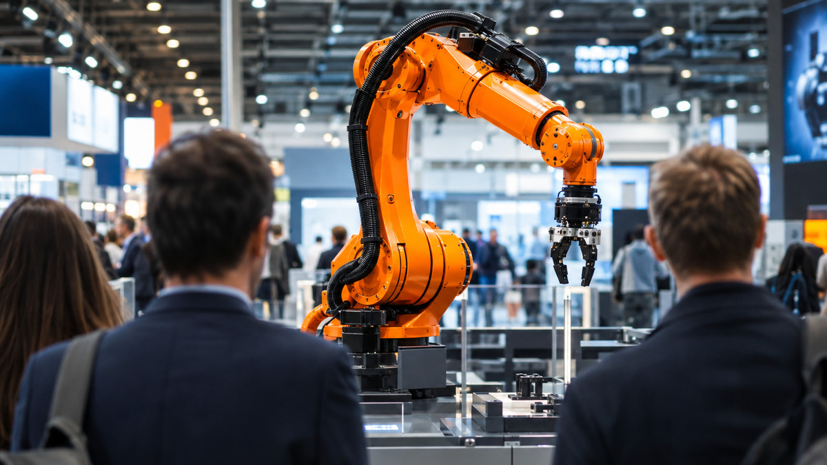 Hannover Messe 2027: Industriemesse mit einem orangefarbenen Industrieroboterarm an einem Stand
