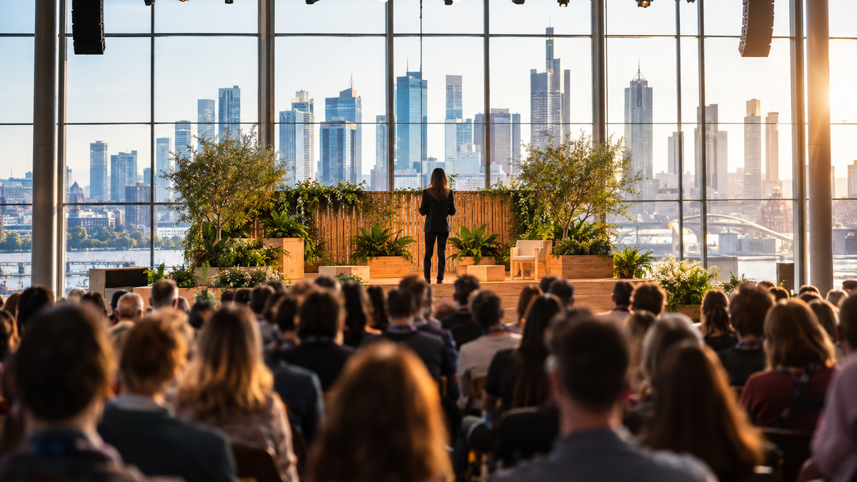 IMPACT FESTIVAL 2026: Große Messehalle in Frankfurt mit Bühne aus Holz und Pflanzen