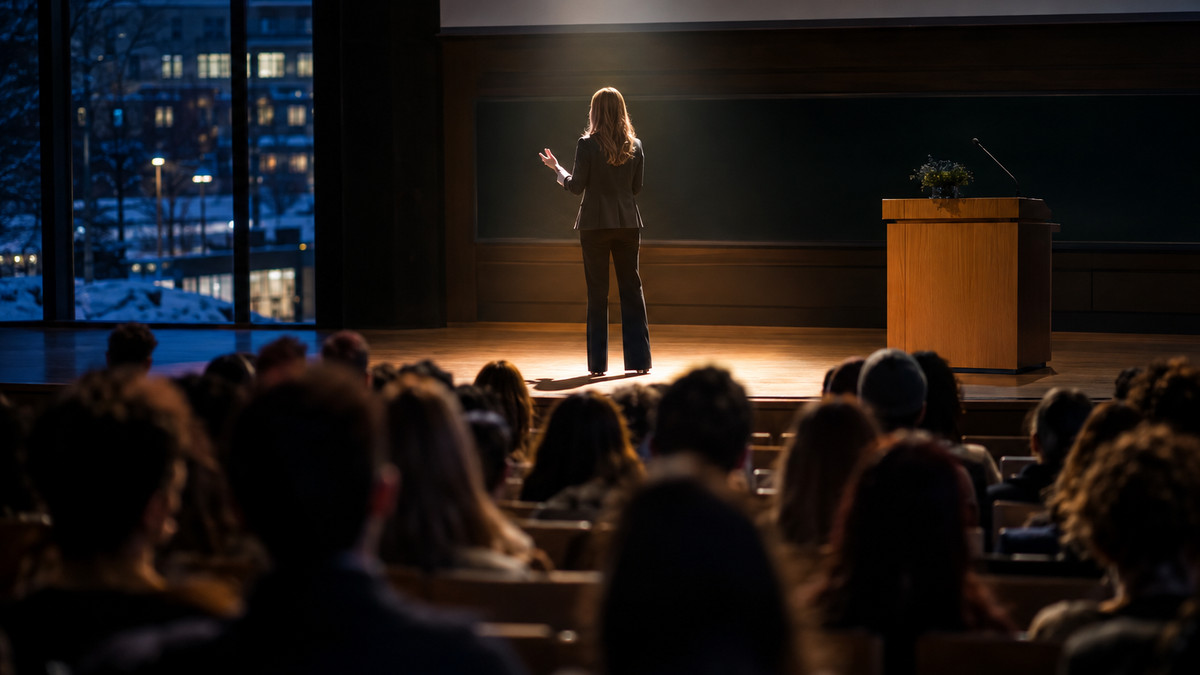 Startup Story Night Potsdam 2026: Hörsaal auf einem Universitätscampus am Dezemberabend