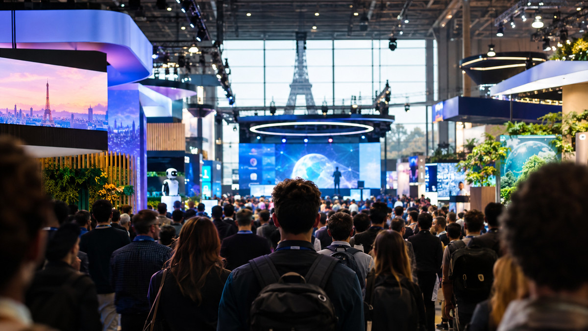 VivaTech 2027: Große Tech-Messehalle in Paris mit vielen Ständen und Bühnen