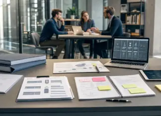 Arbeitsplatz mit Unterlagen zum EXIST Gründerstipendium Antrag in einer Hochschulumgebung