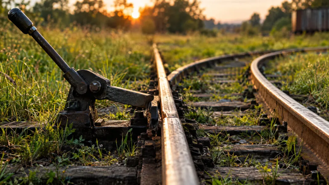 Handweiche einer Feldbahn, die Zungenschiene liegt am linken Gleis an
