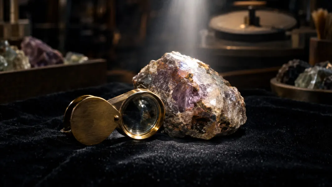 Messinglupe neben einem ungeschliffenen Rohstein auf schwarzem Samttuch