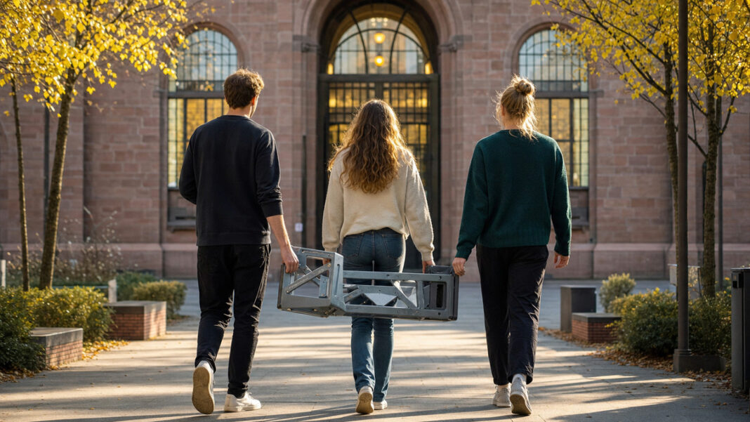 Drei junge Gründer gehen mit einem Prototyp durch einen Uni-Innenhof Drei junge Gründer gehen mit einem Prototyp durch einen Uni-Innenhof