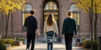 Drei junge Gründer gehen mit einem Prototyp durch einen Uni-Innenhof