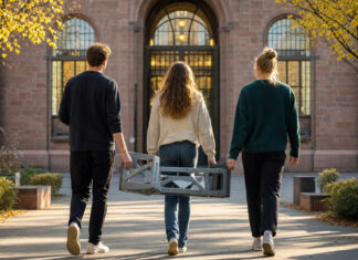 Drei junge Gründer gehen mit einem Prototyp durch einen Uni-Innenhof