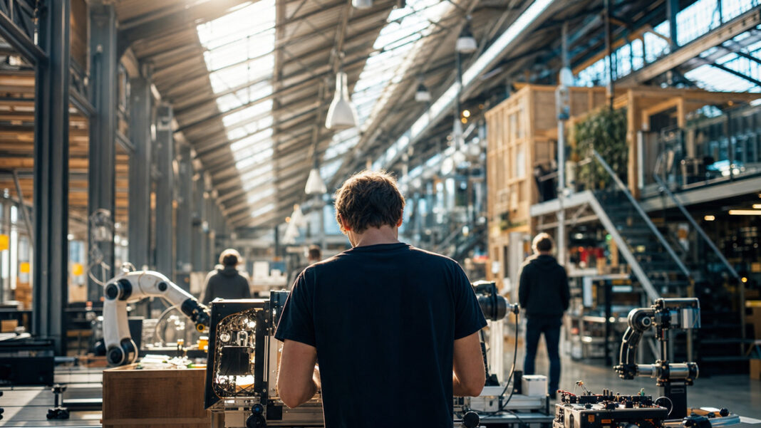 Umgebaute Fabrikhalle voller Startup-Werkstätten und Prototypen Umgebaute Fabrikhalle voller Startup-Werkstätten und Prototypen