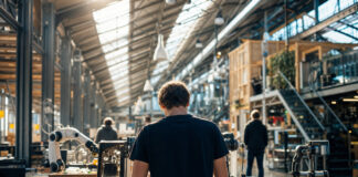 Umgebaute Fabrikhalle voller Startup-Werkstätten und Prototypen