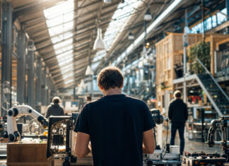 Umgebaute Fabrikhalle voller Startup-Werkstätten und Prototypen