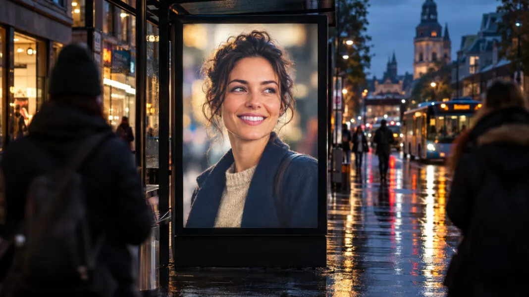Werbeplakat mit dem Porträt einer lächelnden Frau an einer Bushaltestelle am Abend