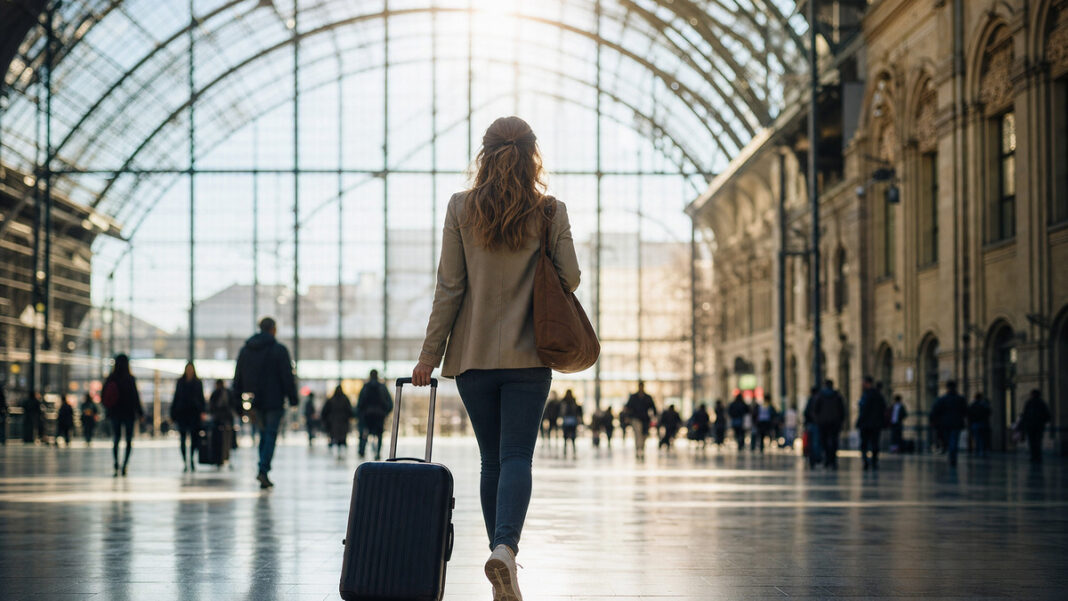 Ingenieurin mit Rollkoffer kommt in einer großen Bahnhofshalle an