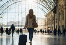 Ingenieurin mit Rollkoffer kommt in einer großen Bahnhofshalle an