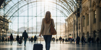 Ingenieurin mit Rollkoffer kommt in einer großen Bahnhofshalle an
