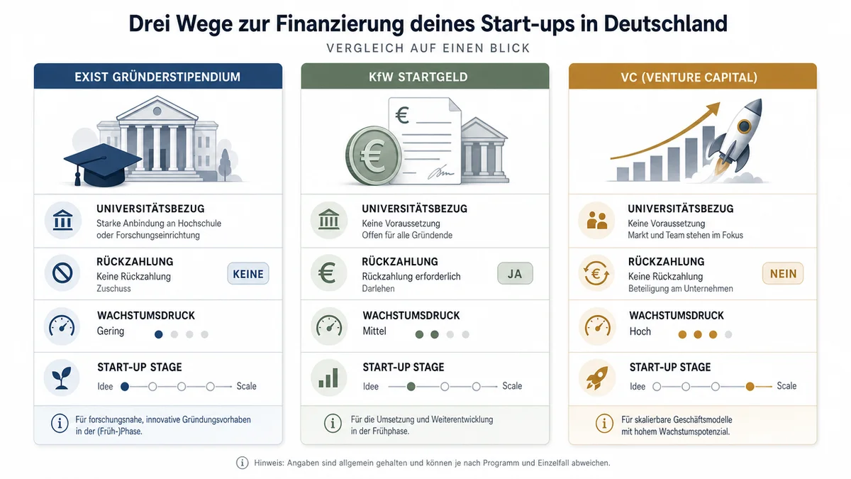 Vergleichsgrafik zu EXIST, StartGeld und VC für junge Startups.