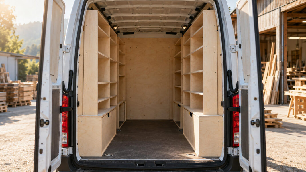 Firmenwagen versteuern: 1-Prozent-Regelung oder Fahrtenbuch Durch die weit geöffneten Hecktüren eines Transporters fällt Morgenlicht auf ein maßgefertigtes Einbauregal aus hellem Birkenholz mit noch leeren Fächern