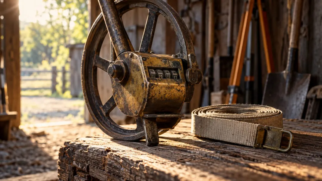 Altes Messrad mit Zählwerk und ein aufgerolltes Leinenmaßband auf Holz