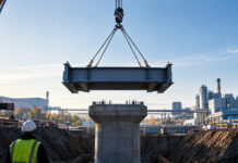 Ein einzelnes neues Stahlsegment einer Brücke hängt am Kranhaken über einer breiten Baugrube, knapp über dem frisch betonierten Pfeilerkopf, kühles Morgenlicht auf Stahl und Beton.