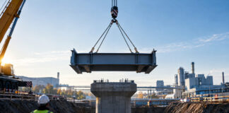 Ein einzelnes neues Stahlsegment einer Brücke hängt am Kranhaken über einer breiten Baugrube, knapp über dem frisch betonierten Pfeilerkopf, kühles Morgenlicht auf Stahl und Beton.