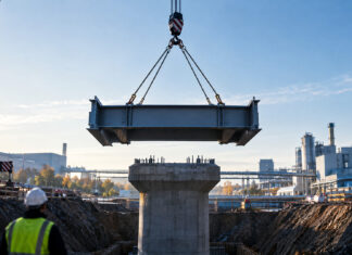 Ein einzelnes neues Stahlsegment einer Brücke hängt am Kranhaken über einer breiten Baugrube, knapp über dem frisch betonierten Pfeilerkopf, kühles Morgenlicht auf Stahl und Beton.