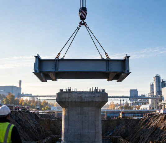 Ein einzelnes neues Stahlsegment einer Brücke hängt am Kranhaken über einer breiten Baugrube, knapp über dem frisch betonierten Pfeilerkopf, kühles Morgenlicht auf Stahl und Beton.