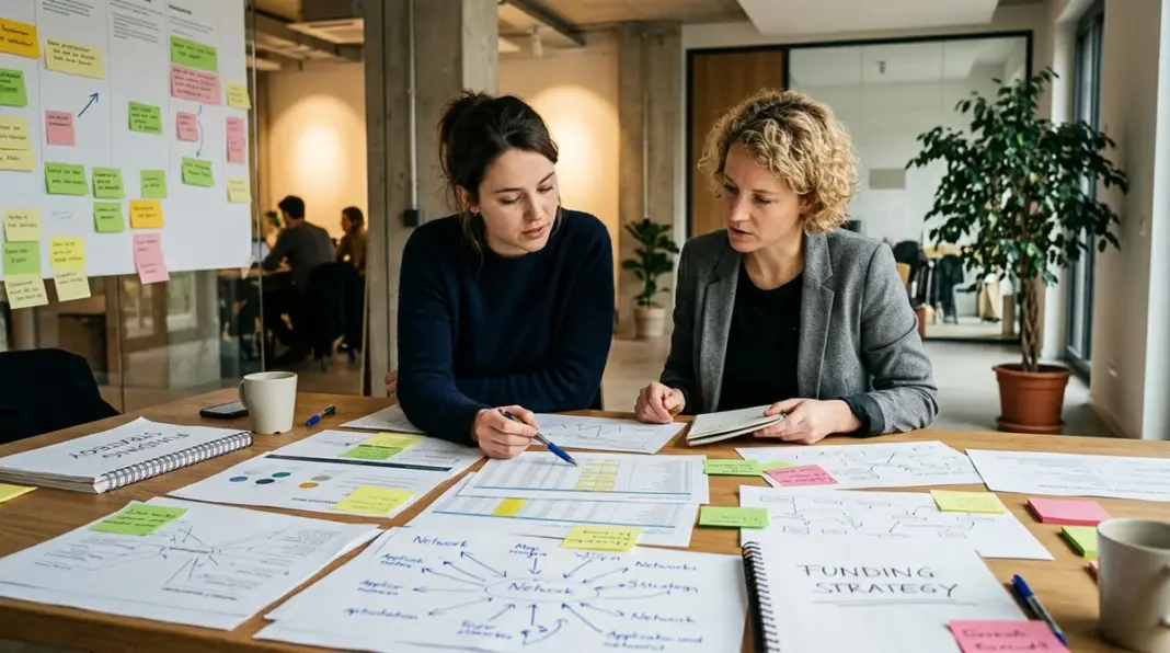 foerderung-gruenderinnen-startup Zwei Gründerinnen planen Förderprogramme und Finanzierung in einem modernen Startup-Umfeld.