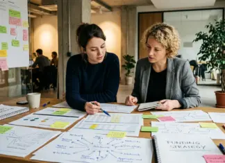 Zwei Gründerinnen planen Förderprogramme und Finanzierung in einem modernen Startup-Umfeld.