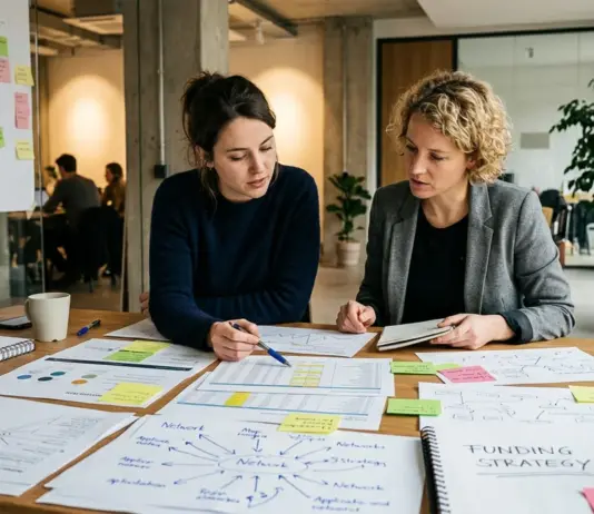 Zwei Gründerinnen planen Förderprogramme und Finanzierung in einem modernen Startup-Umfeld.
