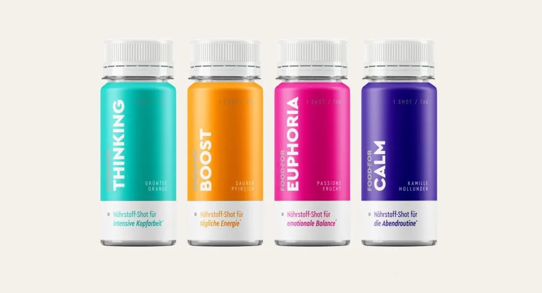Vier FoodFor-Shots nebeneinander: Thinking, Boost, Euphoria und Calm