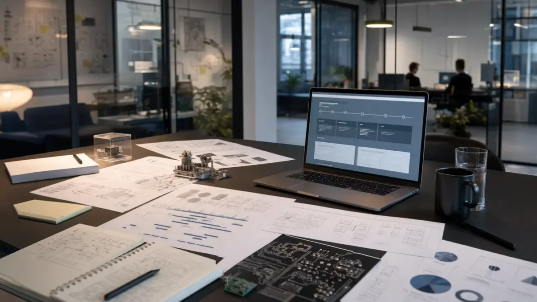 Moderner Startup-Arbeitsplatz zur Forschungszulage 2026 mit Laptop, Unterlagen und FuE-Planung