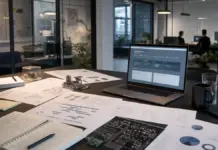Moderner Startup-Arbeitsplatz zur Forschungszulage 2026 mit Laptop, Unterlagen und FuE-Planung
